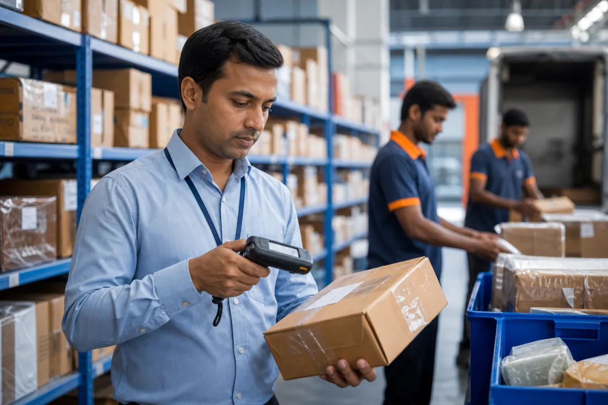 Courier operations manager scanning a parcel in an organized delivery hub