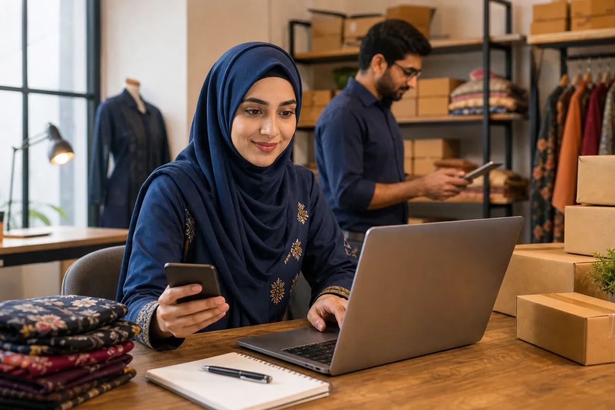 Bangladeshi e-commerce entrepreneur managing her online store from a laptop and mobile phone