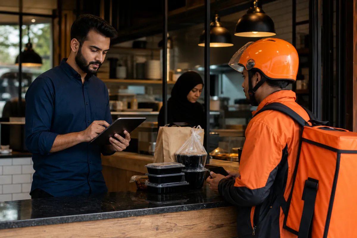 Restaurant owner preparing a digital food delivery order for a rider