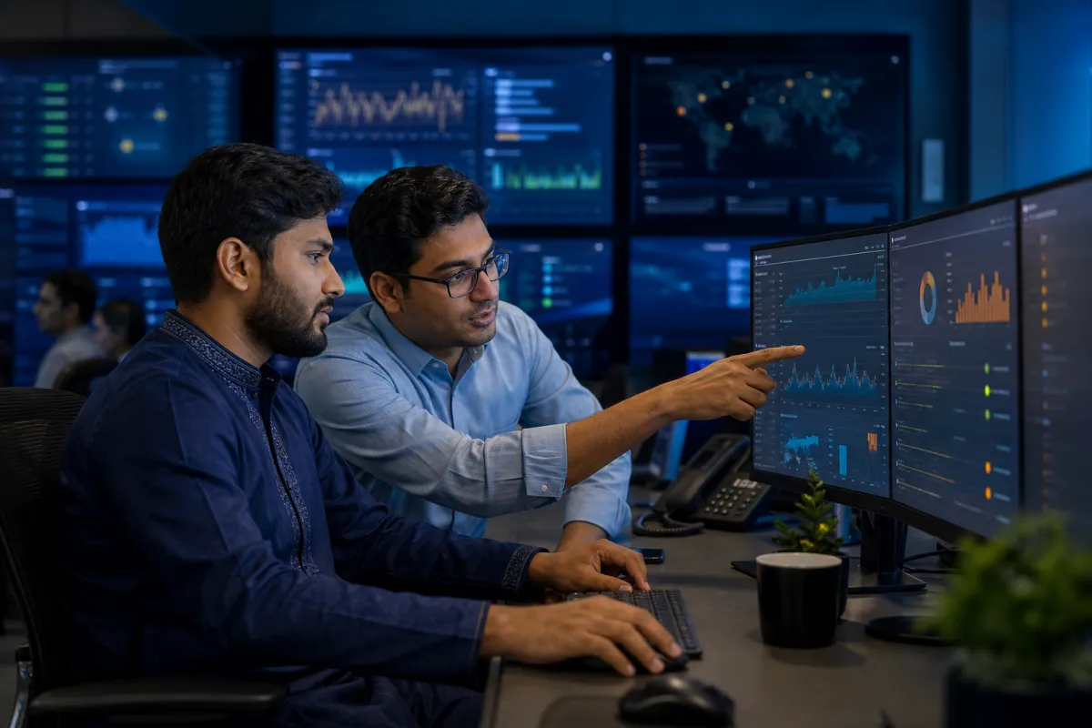 Software support engineers monitoring and maintaining business applications