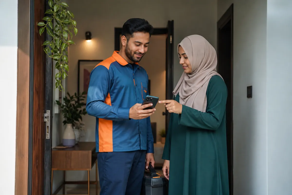 Home-service professional confirming a mobile booking with a customer