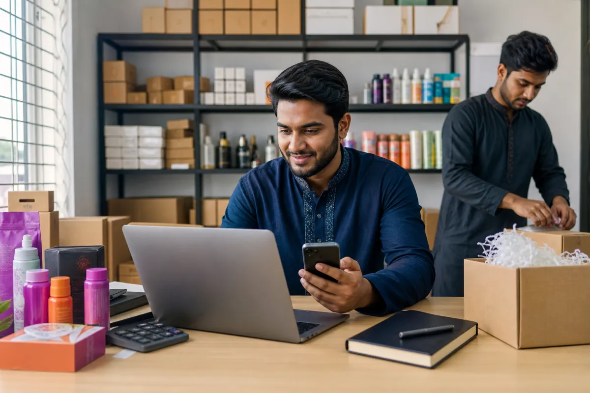 Bangladeshi reseller managing products and orders with a laptop and mobile phone