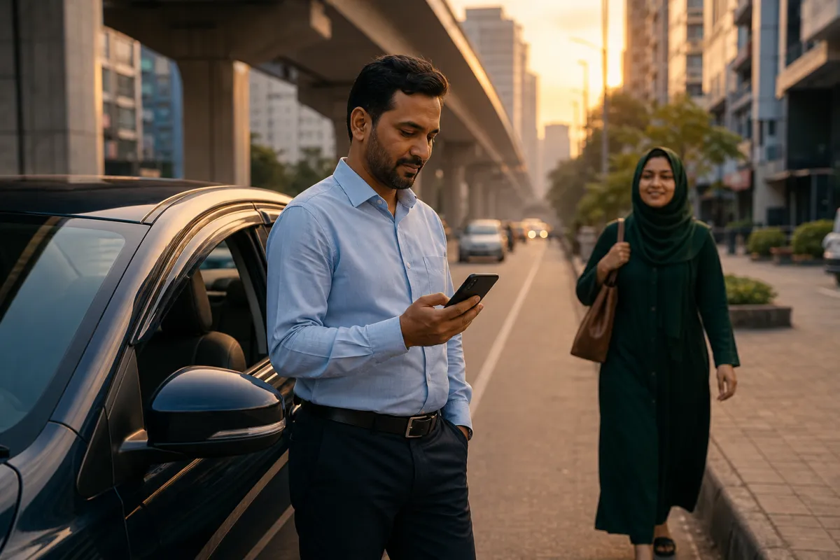 Bangladeshi ride-sharing driver confirming a passenger booking beside a car