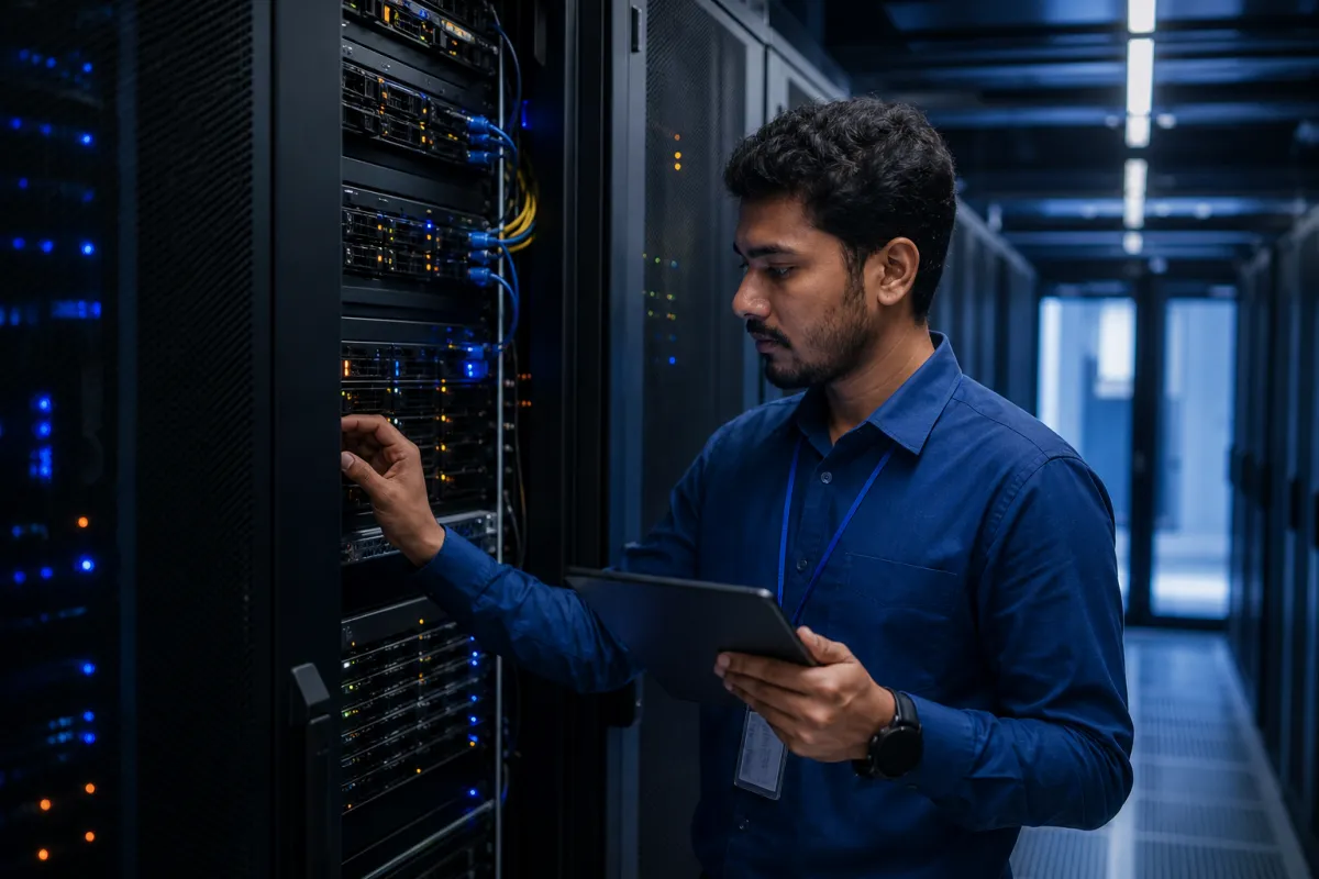 Infrastructure engineer inspecting secure servers and deployment health
