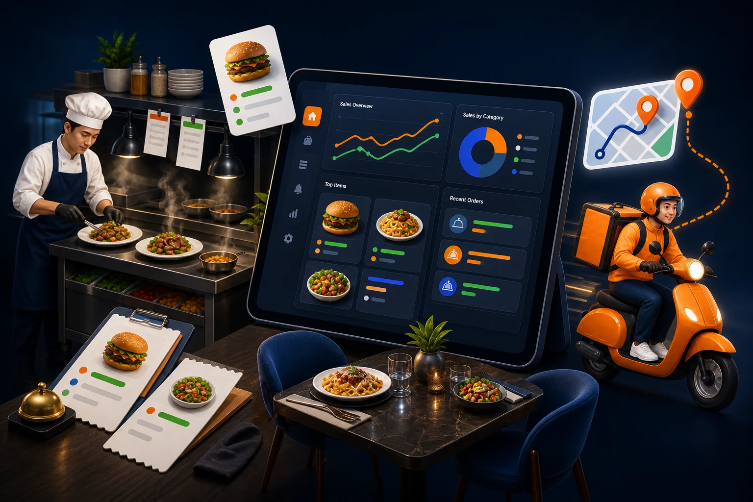 CodiVaroFood restaurant dashboard, kitchen, dining, and delivery operations