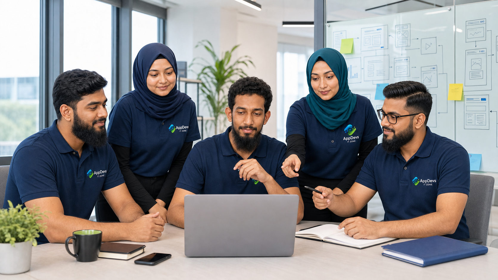 Five distinct fictional AppDevs IT Zone professionals collaborating around a laptop in uniforms displaying the full company logo.