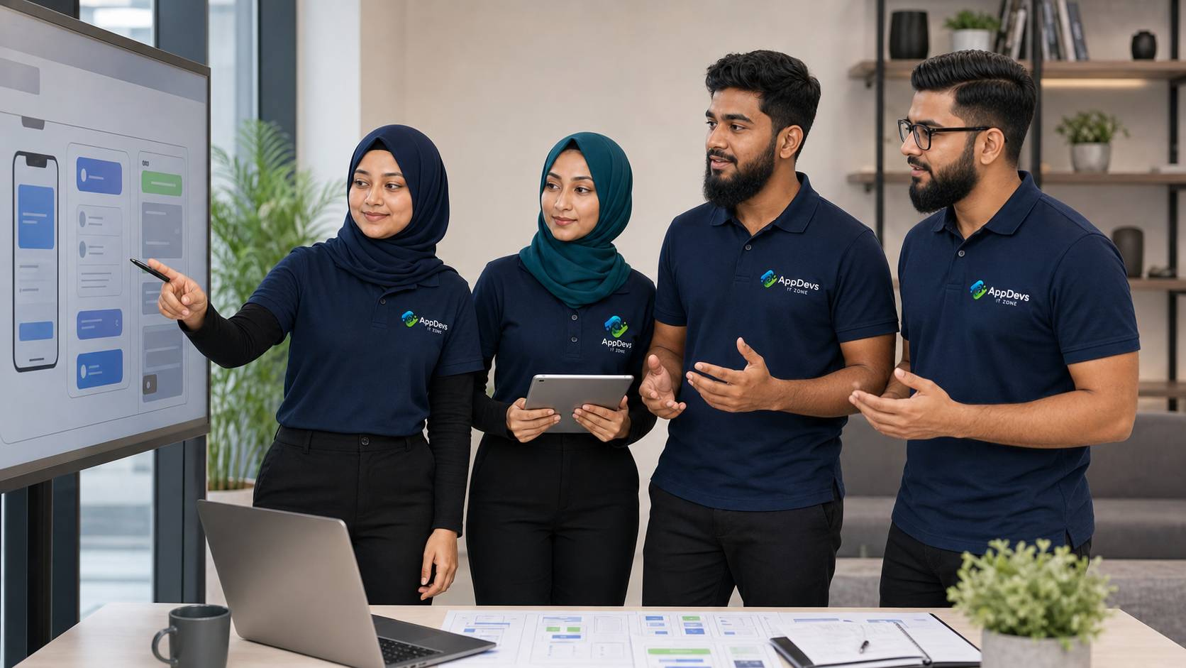Four distinct fictional AppDevs IT Zone professionals reviewing a product design in fully branded company uniforms.
