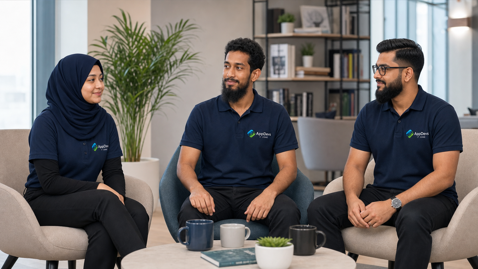 Three distinct fictional AppDevs IT Zone colleagues taking a short break in fully branded company uniforms.
