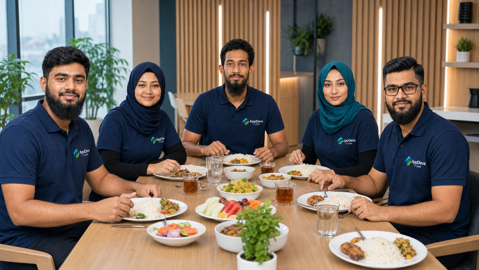 Five distinct fictional AppDevs IT Zone team members sharing a meal in uniforms displaying the full company logo.