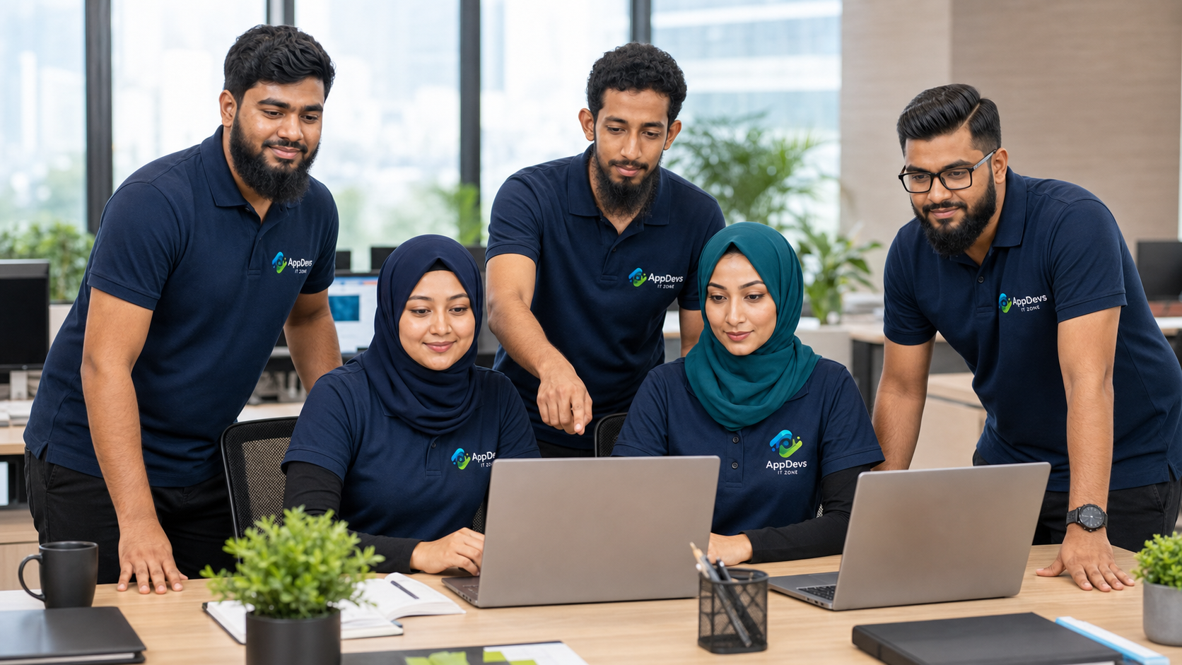 Five distinct fictional AppDevs IT Zone professionals working together in a modern office in fully branded uniforms.